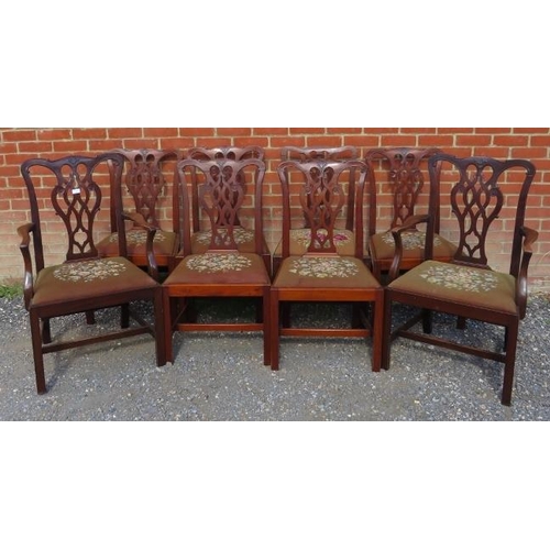 813 - A set of eight (6+2) Georgian mahogany dining chairs with shaped and pierced back splats in the Chip... 