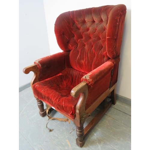 832 - An unusual 19th century mahogany invalid’s chair, with reclining mechanism and gate-action hinged si... 