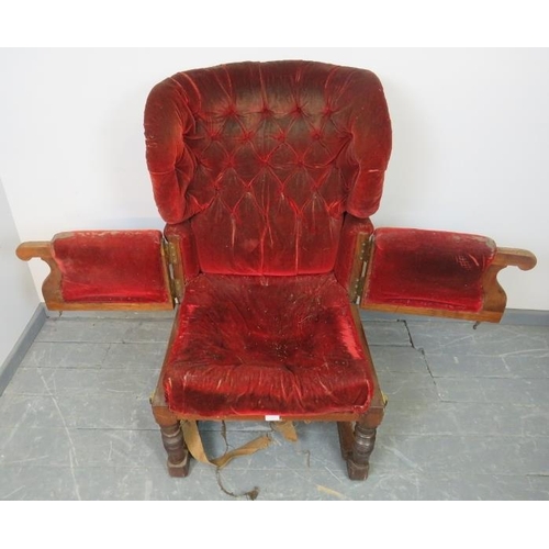 832 - An unusual 19th century mahogany invalid’s chair, with reclining mechanism and gate-action hinged si... 