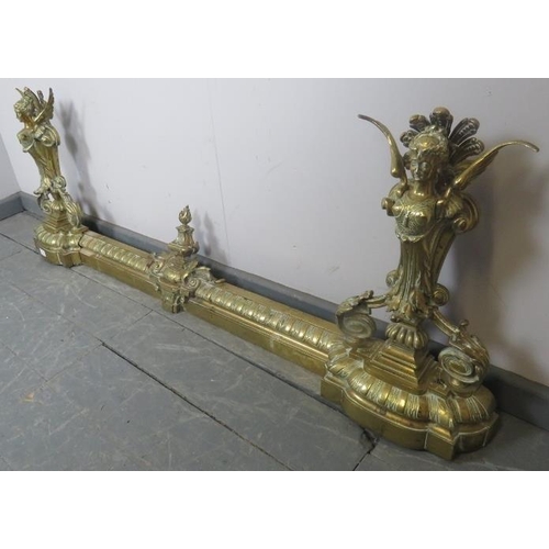 835 - A good quality 19t century three section brass fire fender, with centrepiece in the form of the Chim... 