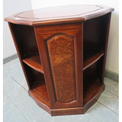 836 - A good quality hardwood freestanding octagonal bookcase, featuring burr wood fielded panels, with fo... 