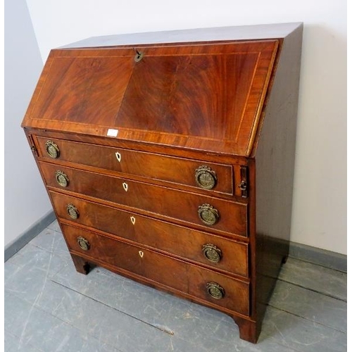 874 - A Georgian oak and flame mahogany bureau, with walnut crossbanding and satinwood inlay, the fall fro... 