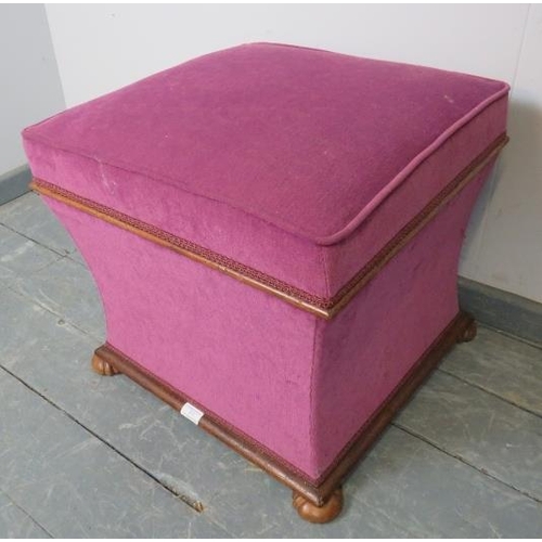 892 - A Victorian mahogany ottoman of casket form, re-upholstered in plum chenille material with purple an... 