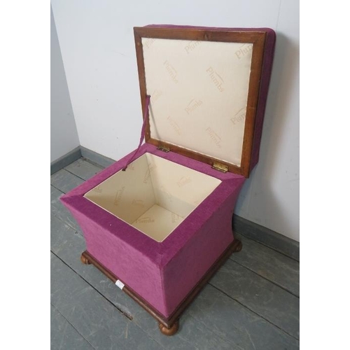 892 - A Victorian mahogany ottoman of casket form, re-upholstered in plum chenille material with purple an... 