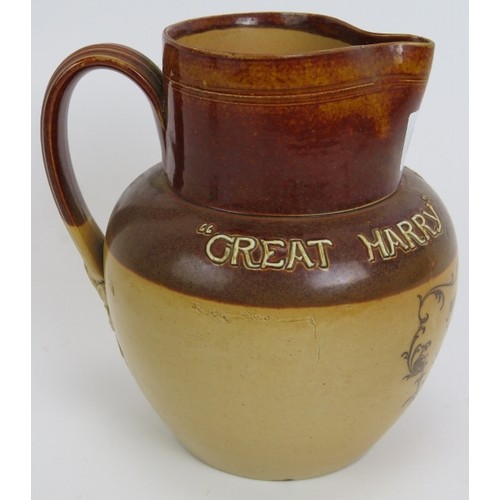 163 - A rare Doulton Lambeth stoneware jug for John Coulter's Great Harry Scotch Whisky Chatham, a stonewa... 