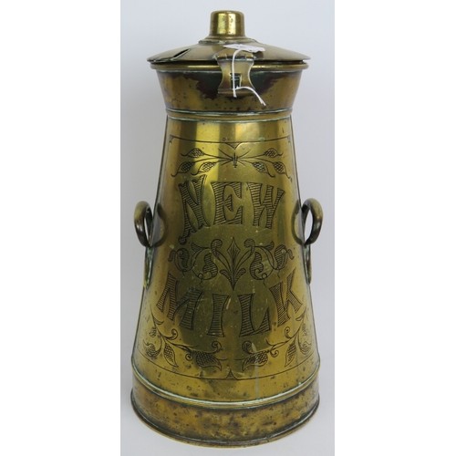 165 - An antique engraved brass 'New Milk' churn, a copper and brass jug and two copper kettles. Tallest 4... 