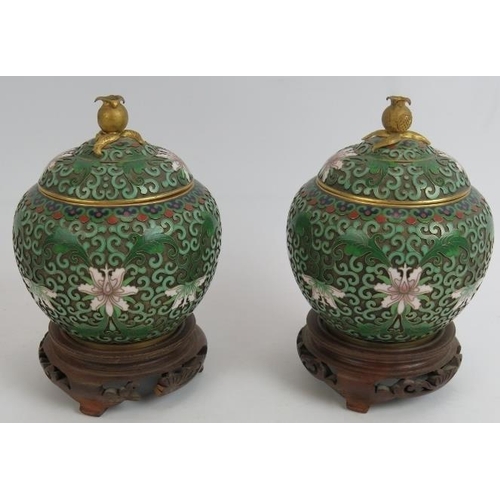 100 - A pair of high quality Chinese cloisonné enamel covered jars on stands of raised wire floral and fol... 