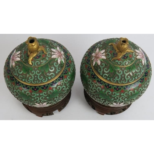 100 - A pair of high quality Chinese cloisonné enamel covered jars on stands of raised wire floral and fol... 