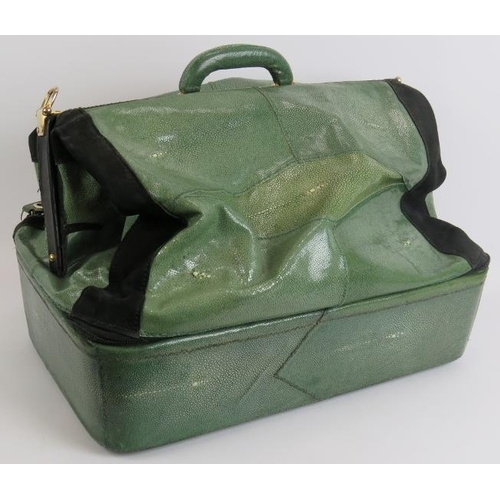 105 - A good quality vintage Presto shagreen weekend bag with two main compartments, a shoe bag and silk d... 