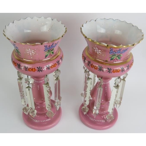 108 - A pair of antique glass table lustres with hand decorated pink and white glass bodies and crystal gl... 