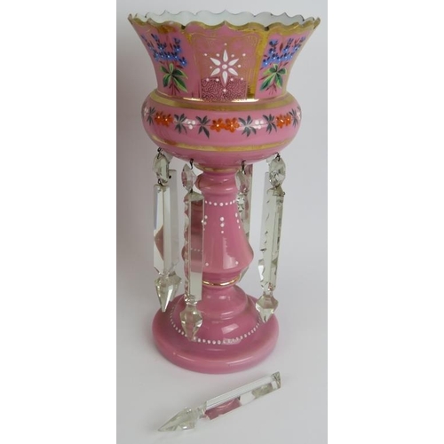 108 - A pair of antique glass table lustres with hand decorated pink and white glass bodies and crystal gl... 