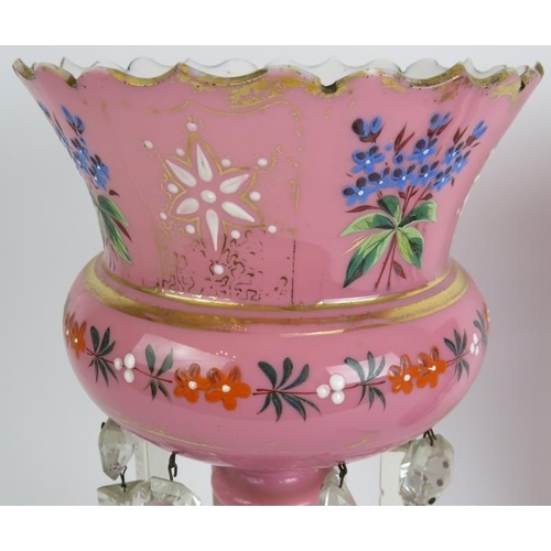 108 - A pair of antique glass table lustres with hand decorated pink and white glass bodies and crystal gl... 