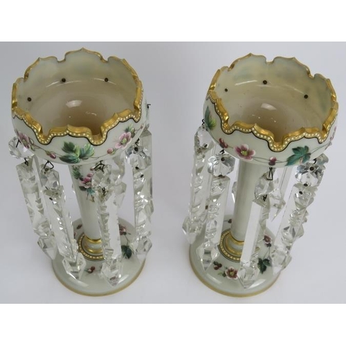 109 - A pair of antique Bohemian milk glass table lustre's hand gilded and decorated with flowers, each ha... 