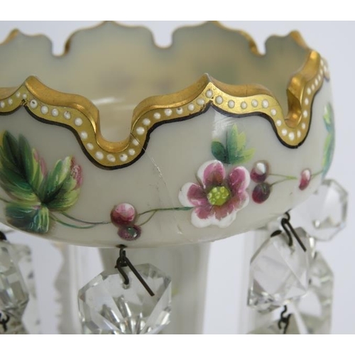 109 - A pair of antique Bohemian milk glass table lustre's hand gilded and decorated with flowers, each ha... 