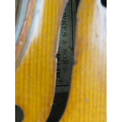 118 - A good quality Hawkes & Sons Tyrolese violin 4/4, c1930. Original case, 2 bows, spare bridge etc.
Co... 