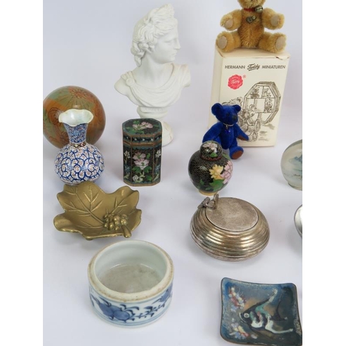 124 - A lot of mixed collectables including a Crown Derby teddy bear, perfume bottles, cloisonné, a Herman... 