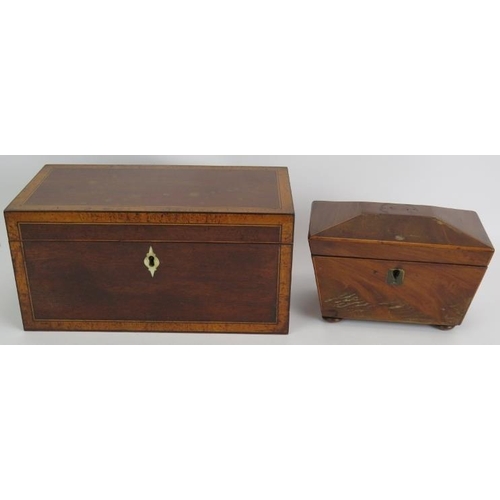 125 - A finely inlaid 19th century caddy box, a smaller sarcophagus shaped tea caddy and a light oak stati... 