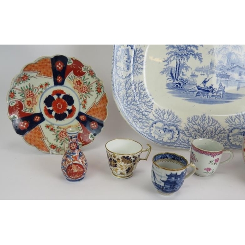 126 - A mixed lot of ceramics including a blue and white meat platter, Gaudy Welsh jug, a Chinese Imari pl... 