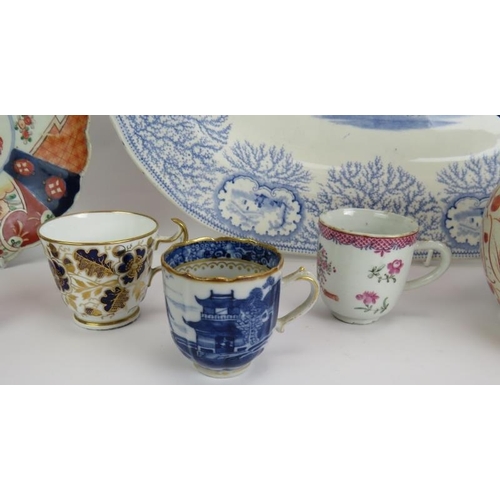 126 - A mixed lot of ceramics including a blue and white meat platter, Gaudy Welsh jug, a Chinese Imari pl... 