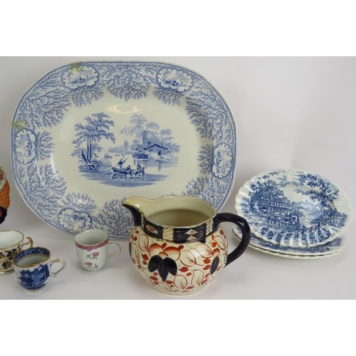 126 - A mixed lot of ceramics including a blue and white meat platter, Gaudy Welsh jug, a Chinese Imari pl... 