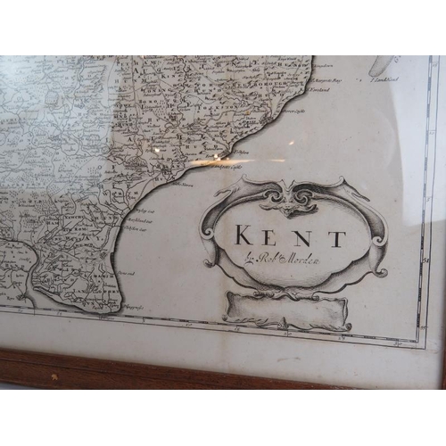 135 - An 18th century map of Kent by Robert Morden c1695. Black and white engraving with three vertical cr... 