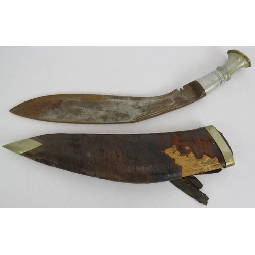 146 - An antique hand painted fan, a Kukri knife with alloy handle, a bronze pestle and mortar and an unus... 