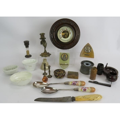 148 - A lot of mixed collectables including 19th century jelly moulds, barometer, bread knife, serpentine ... 