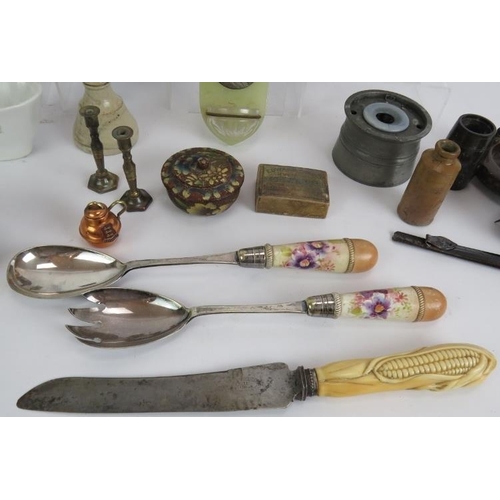 148 - A lot of mixed collectables including 19th century jelly moulds, barometer, bread knife, serpentine ... 