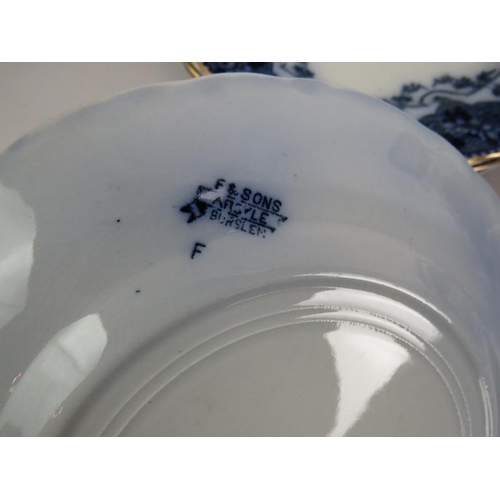 15 - A 21 piece Victorian blue and white dinner service marked F & Sons Argyle Burslem. Consisting 12 pla... 