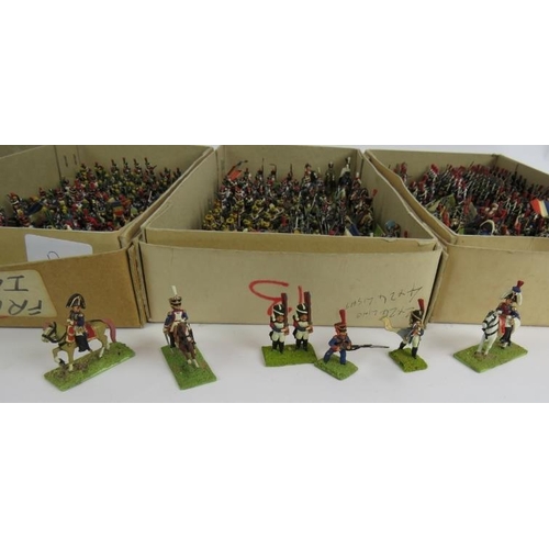 150 - Four boxes of hand painted metal model Napoleonic French infantry soldiers and officers. Tallest 48m... 