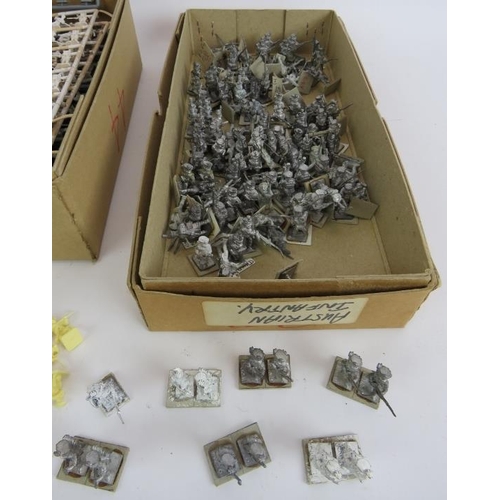 152 - A box of unpainted metal model Napoleonic infantry and a box of unpainted plastic model Napoleonic s... 