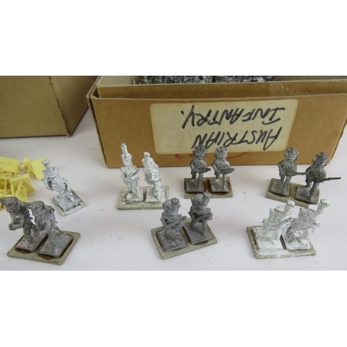 152 - A box of unpainted metal model Napoleonic infantry and a box of unpainted plastic model Napoleonic s... 