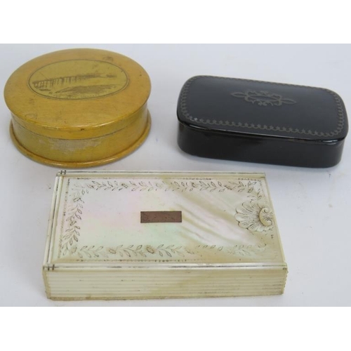 162 - A 19th century mother of pearl snuff box with sliding lid, a Papier Mache snuff box, a mauchline war... 