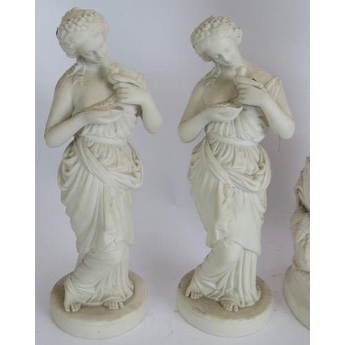 163 - Three antique Parian ware classical figures, the largest being the flower of the field, and a hand d... 