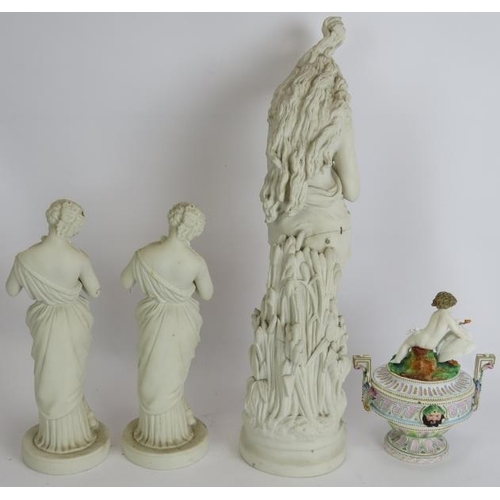 163 - Three antique Parian ware classical figures, the largest being the flower of the field, and a hand d... 