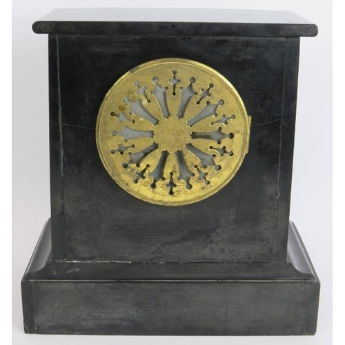 174 - A Victorian black slate striking mantel clock with French Japy Freres. Pendulum and key present. Hei... 