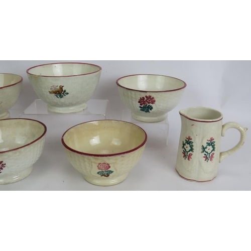 176 - Five 19th century relief moulded spongeware bowls, one with bird motif, and two similar jugs. Larges... 