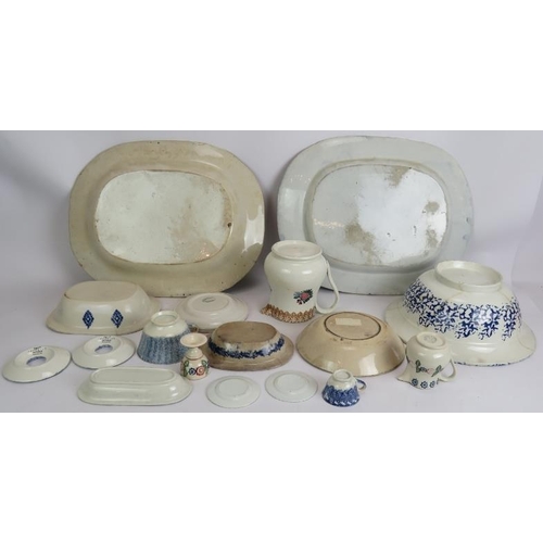 180 - A mixed lot of antique and later Spongeware pottery including two platters, dishes, jugs, egg cups e... 