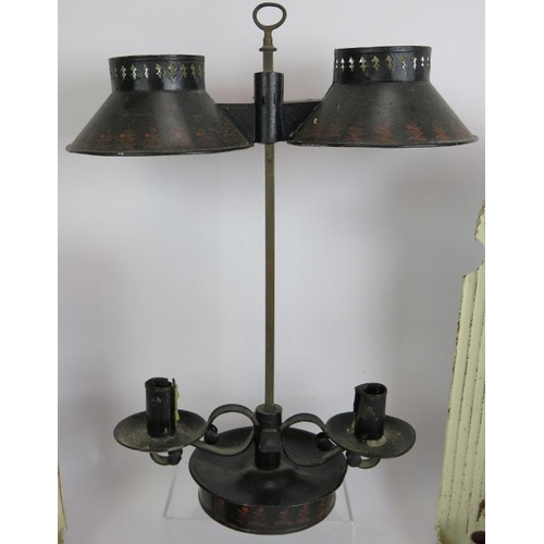 182 - Two Toleware mirrored candle wall sconces, a Toleware double adjustable lamp, two storm lamp bases a... 