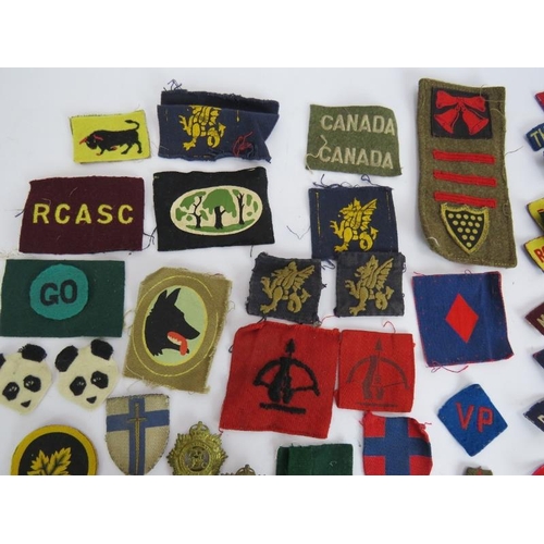 183 - A collection of WW2 British and Canadian military cap badges and cloth badges including Tank Corps, ... 