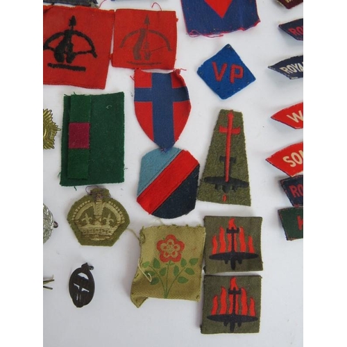 183 - A collection of WW2 British and Canadian military cap badges and cloth badges including Tank Corps, ... 