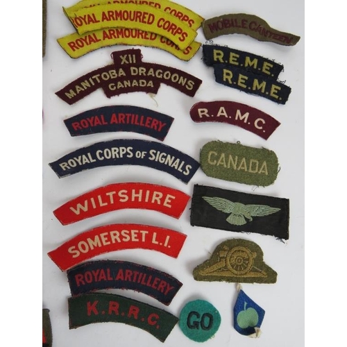 183 - A collection of WW2 British and Canadian military cap badges and cloth badges including Tank Corps, ... 