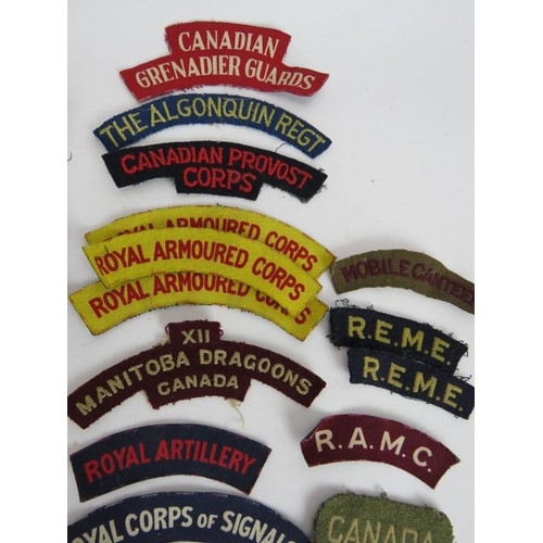 183 - A collection of WW2 British and Canadian military cap badges and cloth badges including Tank Corps, ... 