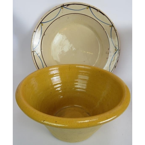 186 - A Doulton Lambeth Stoneware dairy bowl, a Doulton salt glaze pot, a yellow glazed dairy bowl, flour ... 