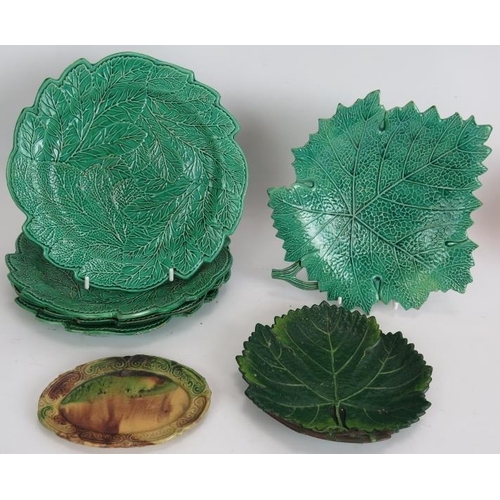 192 - Four antique green Majolica leaf plates, 2 green vine leaf dishes, a small oval dish and eight small... 