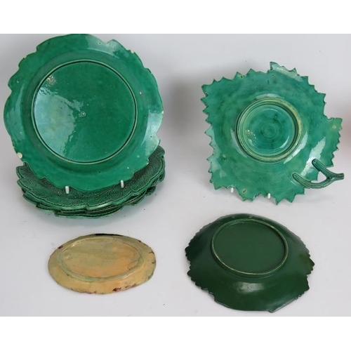 192 - Four antique green Majolica leaf plates, 2 green vine leaf dishes, a small oval dish and eight small... 