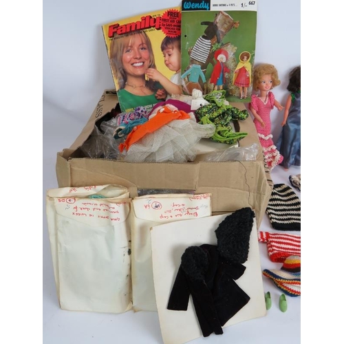 196 - A large box full of 1970s handmade Cindy Doll outfits with some patterns and two Cindy dolls, one ma... 