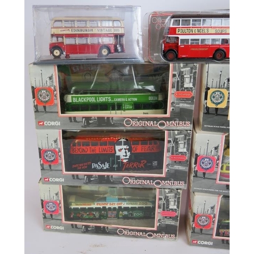 199 - Nine Corgi Original Omnibus Blackpool tram models plus four model double-decker buses, all boxed. (1... 