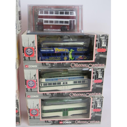 199 - Nine Corgi Original Omnibus Blackpool tram models plus four model double-decker buses, all boxed. (1... 