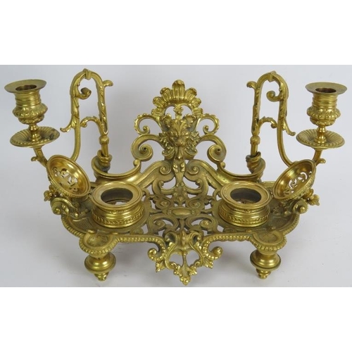 200 - A high quality 19th century bronze Ormulu inkwell desk stand in the Rococo style with twin inkwells ... 